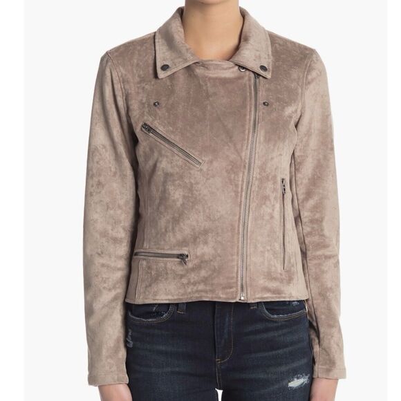 BLANK NYC Faux Suede Moto Jacket Size Large Tan Asymmetrical Zip Up Lined Grunge - Picture 2 of 15